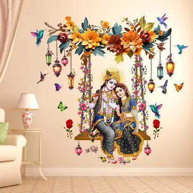Radha Krishna Butterflies Flowers Wall Sticker