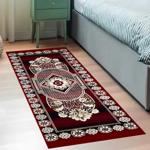 Red Floral Velvet Runner Carpet – Elegant Bedside or Hallway Mat for Home Décor