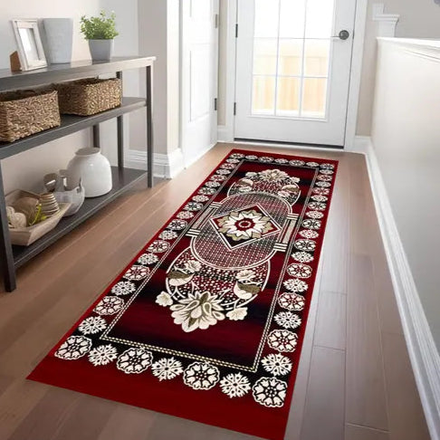 Red Floral Velvet Runner Carpet – Elegant Bedside or Hallway Mat for Home Décor