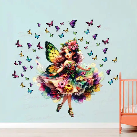 Trendy Fairy Surrounded by Colorful Butterflies in Bright Artistic Scene Multicolor Wall sticker