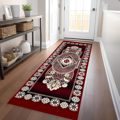 Red Floral Velvet Runner Carpet – Elegant Bedside or Hallway Mat for Home Décor